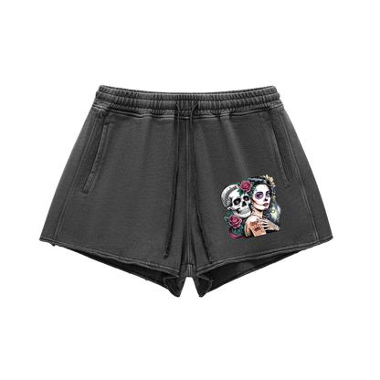 QueenSteph Snow Washed Raw Edge Drawstring Shorts