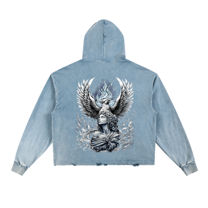 Aonaran Angelic Frost Vintage Washed Frayed-Hem Hoodie