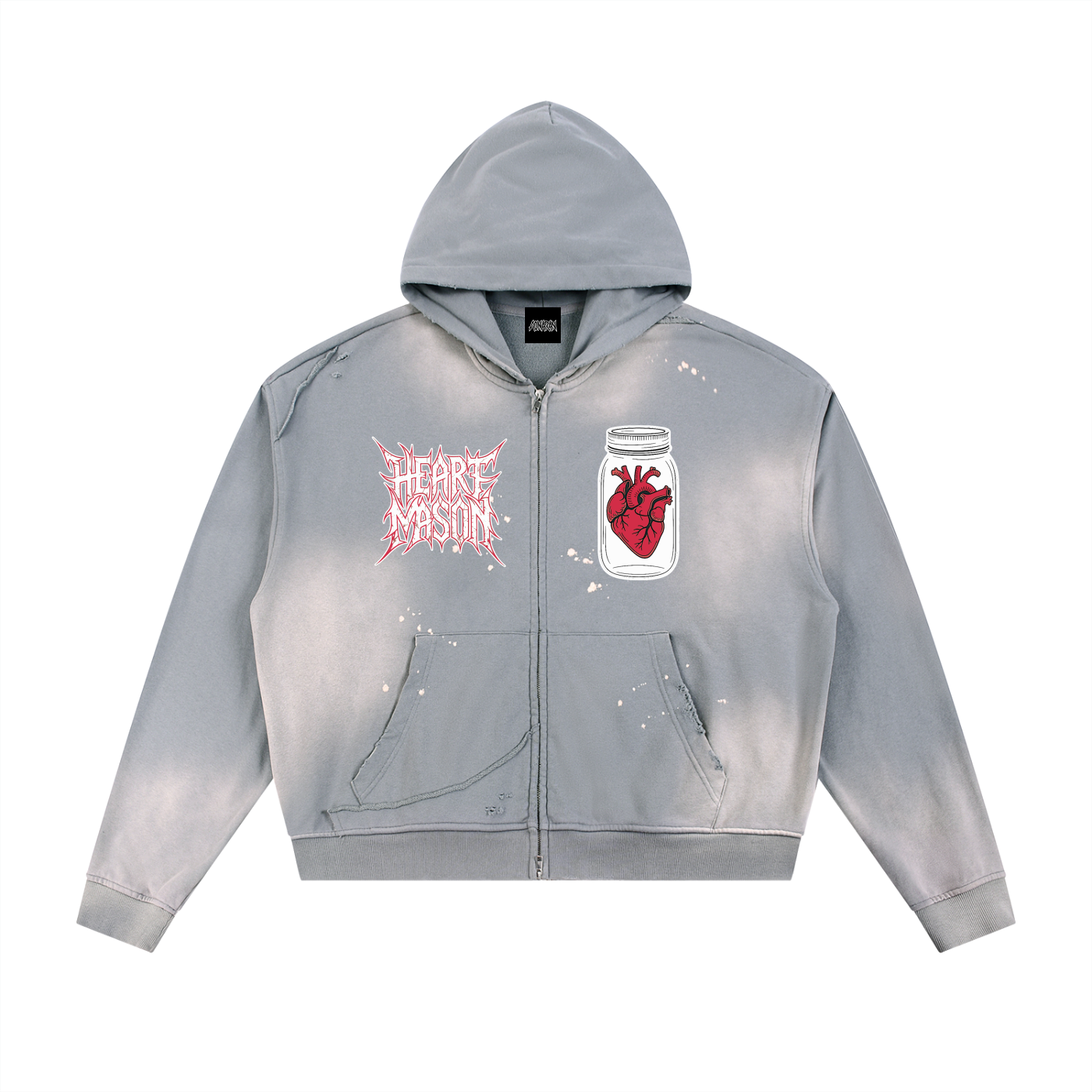 Heart Mason Sun Fade Frayed Raw Edge Fleece Zip Hoodie